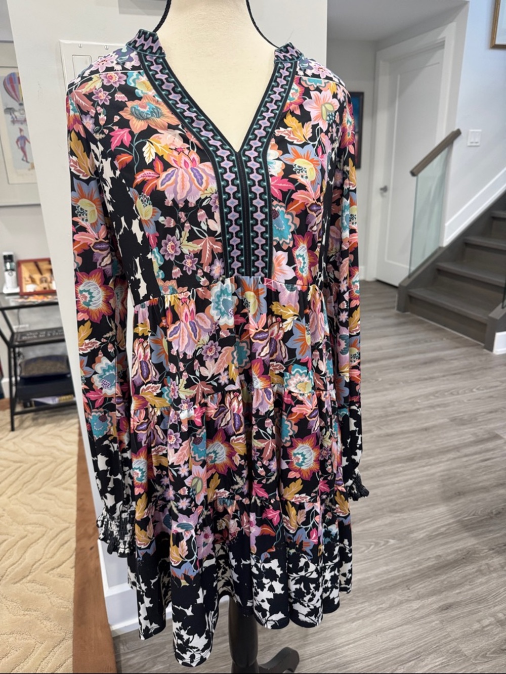 Hale Bob Floral V-Neck Tiered Long Sleeve Dress - Black Multi